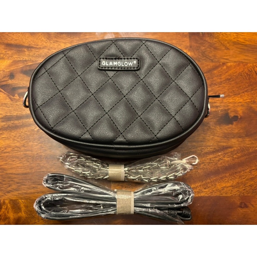 GLAMGLOW Black Quilted Cosmetic Bag Crossbody w/ Strap‎ Makeup Travel Case